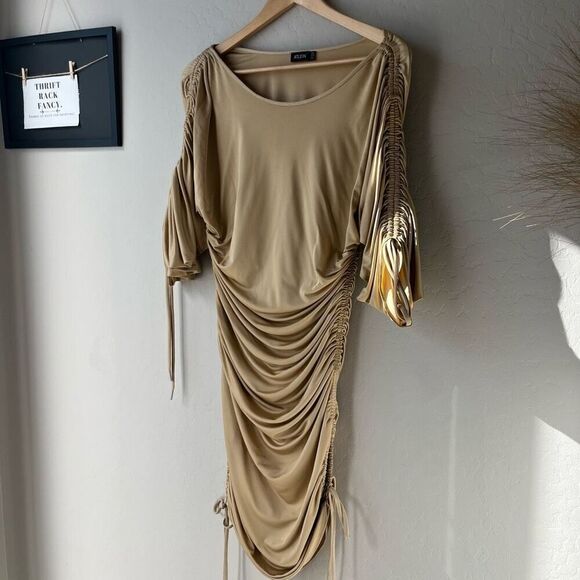 Atlein Dress Beige Ruched Long Sleeve Off Shoulder‎ Designer Midi Dress Size 40 - Picture 3 of 12